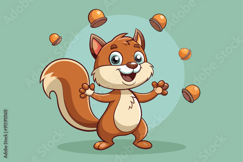 A cheerful cartoon squirrel expertly juggles acorns with a big smile against a soft, pastel background