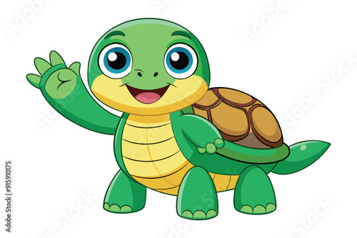 A cheerful cartoon turtle is waving with a big smile against a plain white background, radiating joy and energy