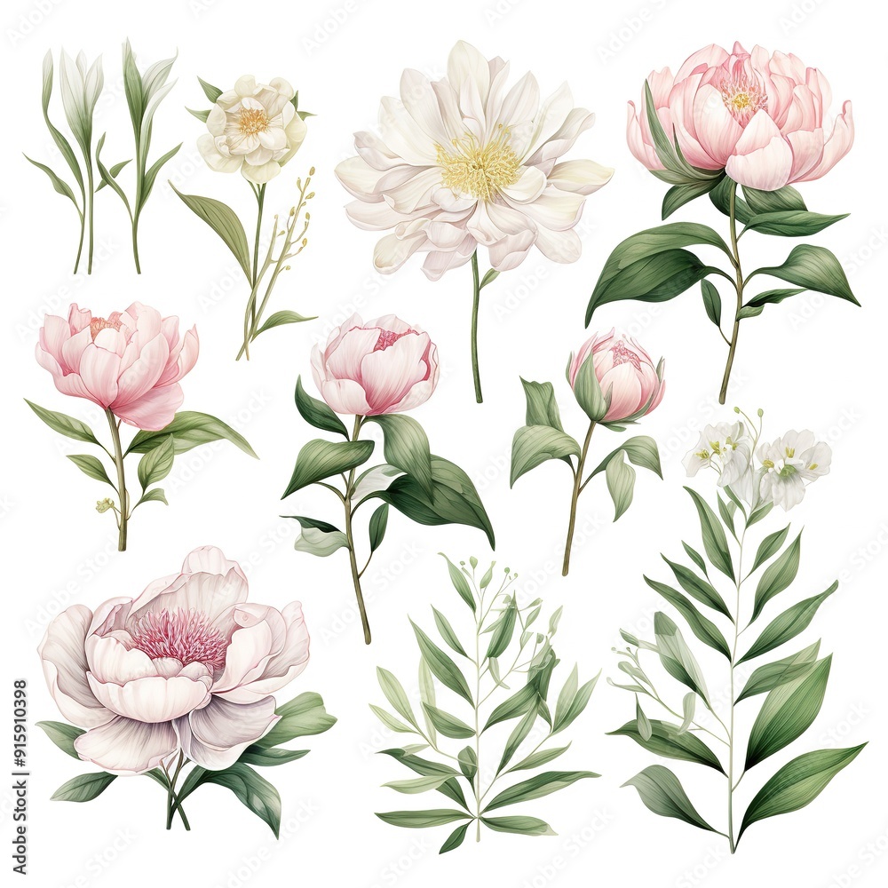 Collection of pink and white peonies with green leaves. Collection of pink and white peonies with green leaves.