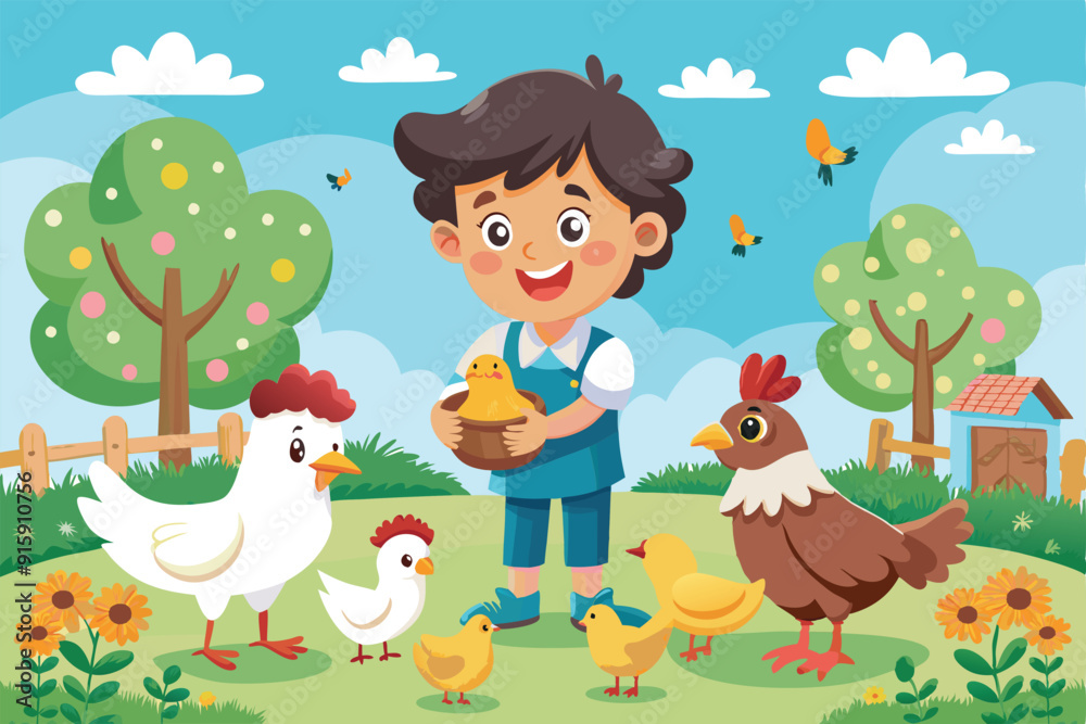 Fototapeta premium A cheerful cartoon child joyfully feeds chickens and their chicks in a vibrant farmyard under a bright blue sky