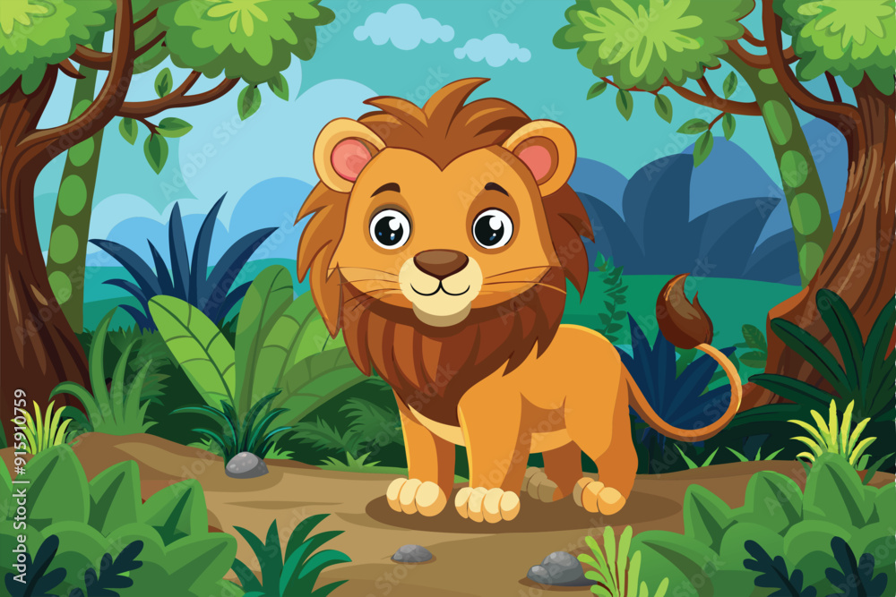 A cheerful cartoon lion explores a vibrant jungle filled with greenery and tropical plants under a bright blue sky A cheerful cartoon lion explores a vibrant jungle filled with greenery and tropical plants under a bright blue sky