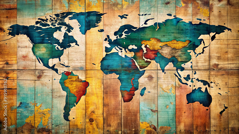 Naklejka premium Vibrant vintage world map on a worn distressed wooden background with a subtle texture, complete with faded country borders and nostalgic travel symbols.