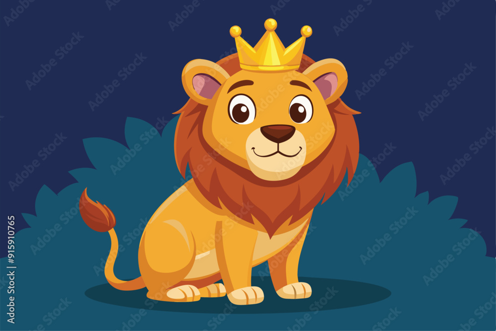 A cheerful cartoon lion with a golden crown sits gracefully among lush greenery under a night sky, showcasing its charming personality A cheerful cartoon lion with a golden crown sits gracefully among lush greenery under a night sky, showcasing its charming personality