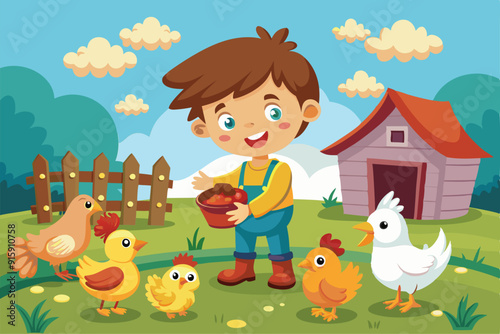 A cheerful young boy is feeding a bowl of food to chickens and their chicks while standing in a vibrant farmyard with a small barn nearby