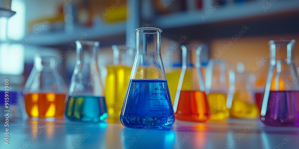 A set of beakers filled with colorful liquids, each containing different colors and shapes, arranged in an aesthetically pleasing composition on the laboratory table