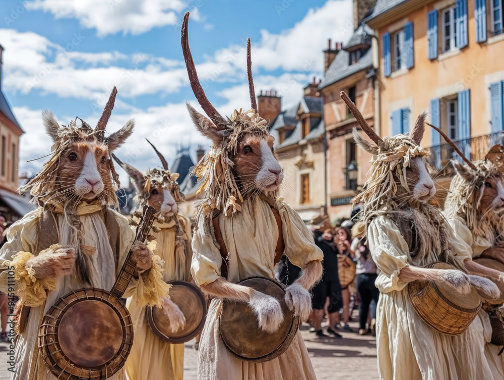 A group of people dressed in rabbit costumes are playing drums. The scene is lively and fun, with the people dressed in bright colors and the drums adding to the festive atmosphere A group of people dressed in rabbit costumes are playing drums. The scene is lively and fun, with the people dressed in bright colors and the drums adding to the festive atmosphere