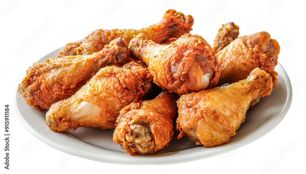 Crispy fried chicken drumsticks on a white plate, cut out - stock png. Crispy fried chicken drumsticks on a white plate, cut out - stock png.