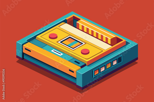 A colorful isometric illustration features a customizable cassette player, showcasing its design and vibrant colors against a striking background