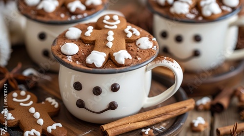 A promotional photo, a cup of hot cocoa with gingerbread men. Christmas atmosphere.