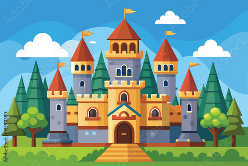 A vibrant cartoon castle stands tall amid green trees and fluffy clouds, offering a whimsical touch to a fantastical landscape filled with adventure