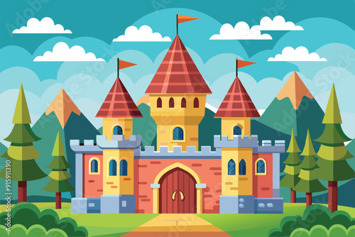 A vibrant cartoon castle stands majestically among lush trees and towering mountains under a clear blue sky with fluffy clouds