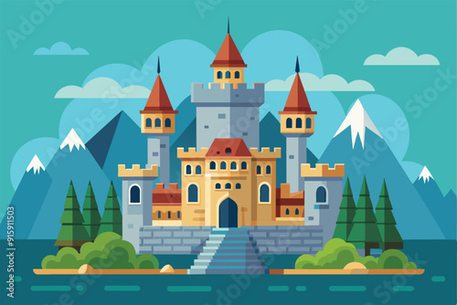A majestic castle stands amid towering mountains and lush forests, showcasing unique architectural features under a bright, clear sky