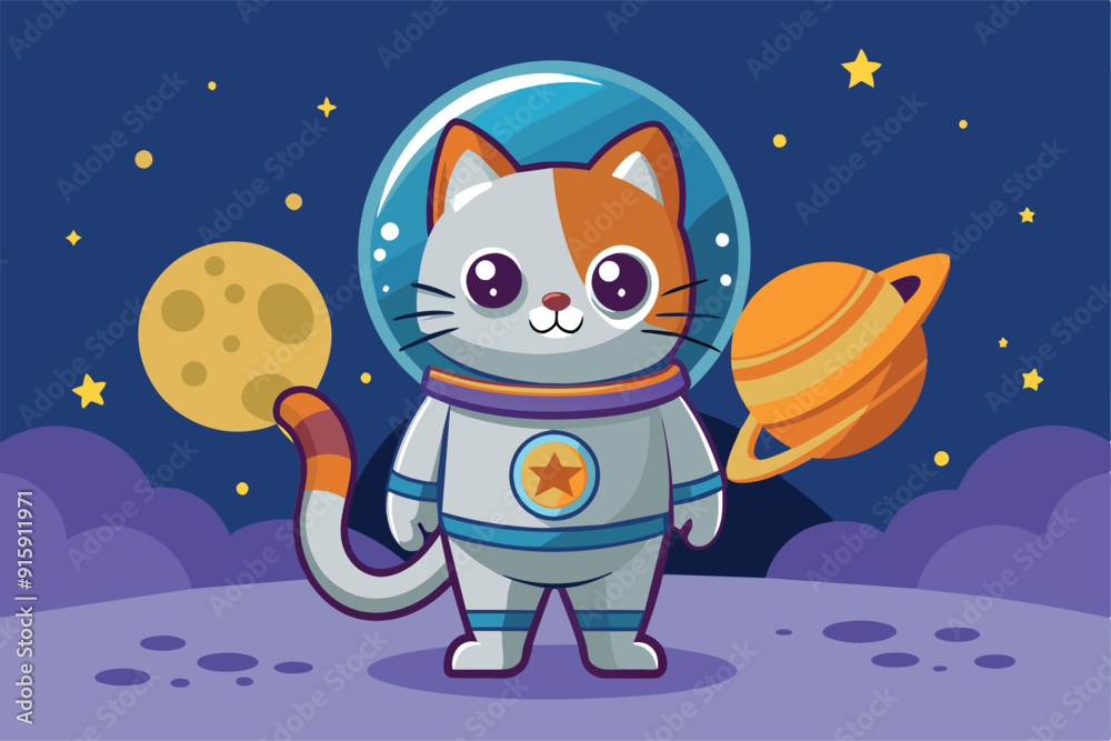 Fototapeta premium A cheerful cat wearing a spacesuit explores a colorful planet, surrounded by stars and a distant Saturn-like ringed planet