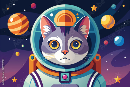 A playful cat astronaut floats in space, surrounded by vibrant planets and swirling cosmic colors on a whimsical adventure through the universe