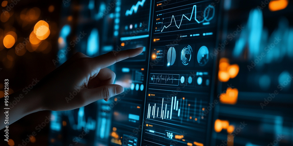 A close-up of hands pointing at data graphs on an interactive screen, with glowing icons and charts representing business analytics or market trends A close-up of hands pointing at data graphs on an interactive screen, with glowing icons and charts representing business analytics or market trends