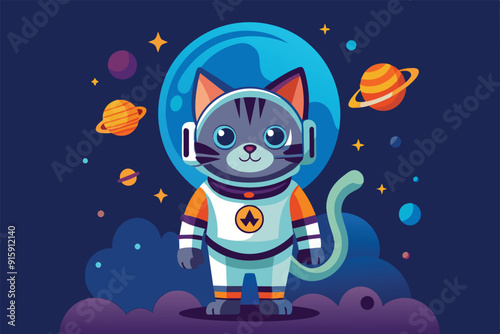 A brave cat astronaut explores space, surrounded by colorful planets and stars, showcasing a whimsical journey through the universe