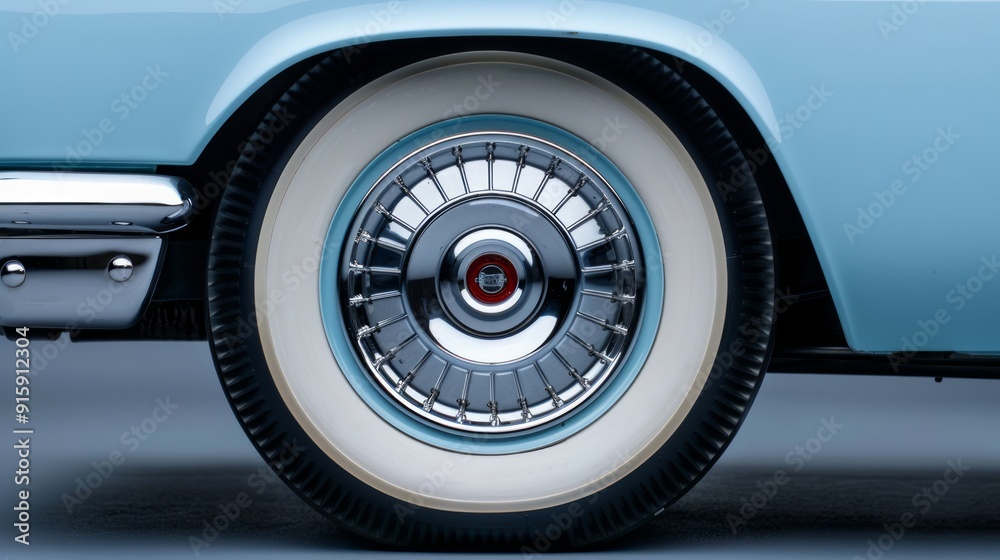 Close up of a classic car's whitewall tire and chrome hubcap, showcasing the elegance and artistry of a past era in car design