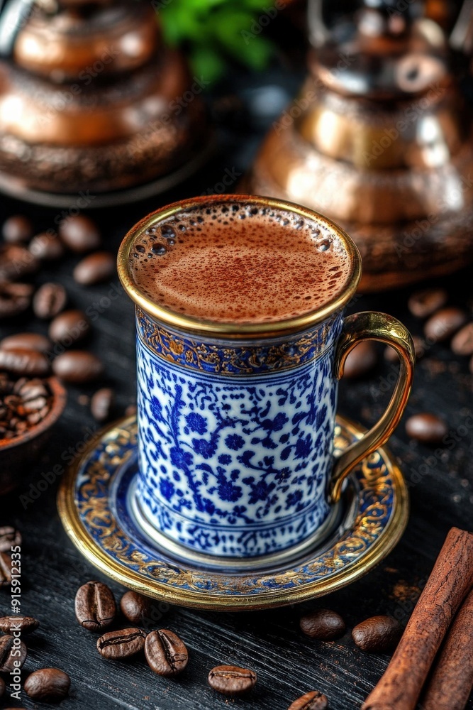 Traditional Turkish coffee served in ornate cup with coffee beans