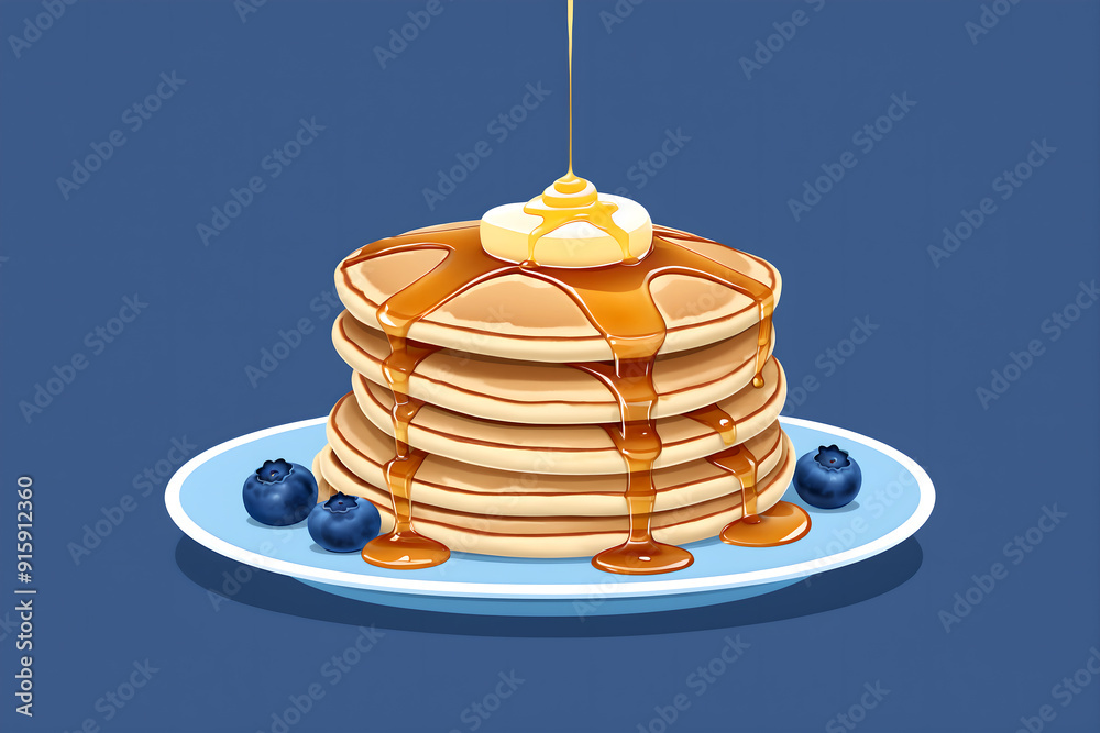 Pancakes with syrup and blueberries on a blue plate Pancakes with syrup and blueberries on a blue plate