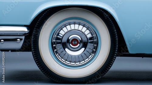 Obraz na płótnie Close up of a classic car's whitewall tire and chrome hubcap, showcasing the elegance and artistry of a past era in car design w salonie