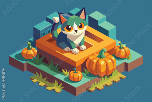 A playful cat emerges from a vibrant pumpkin in a whimsical isometric autumn setting, surrounded by cheerful pumpkins and grassy patches