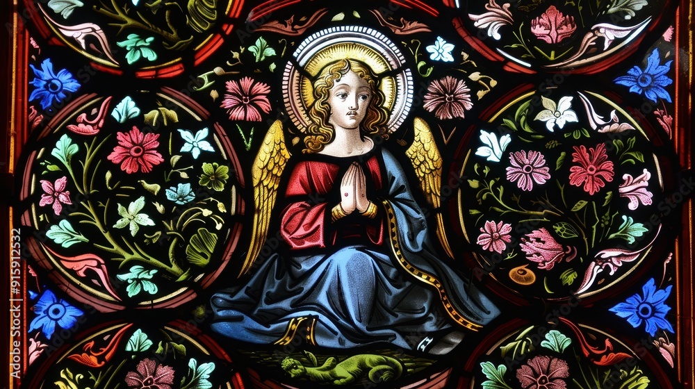 A serene angel with folded hands sits amidst colorful floral designs in a church window A serene angel with folded hands sits amidst colorful floral designs in a church window