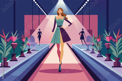 A model confidently walks down the catwalk, showcasing a stylish outfit amidst vibrant decorations in an elegant evening fashion show