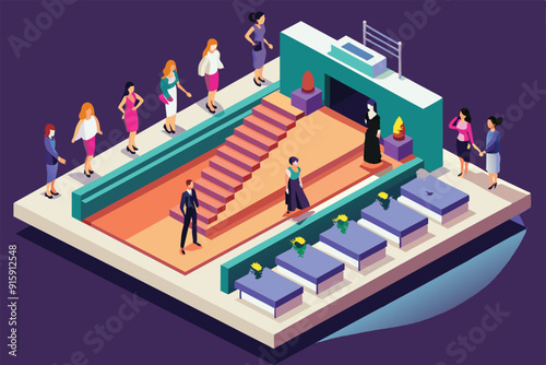 Models showcase various outfits on a customizable isometric catwalk with an audience in a stylish exhibition environment