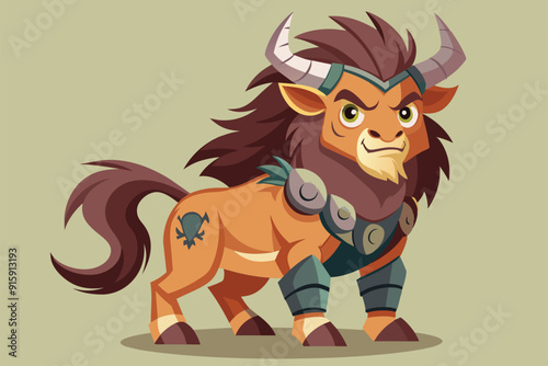 A fierce centaur warrior with a lion-like mane stands confidently, showcasing intricate armor and a tattoo, set in a vibrant fantasy world