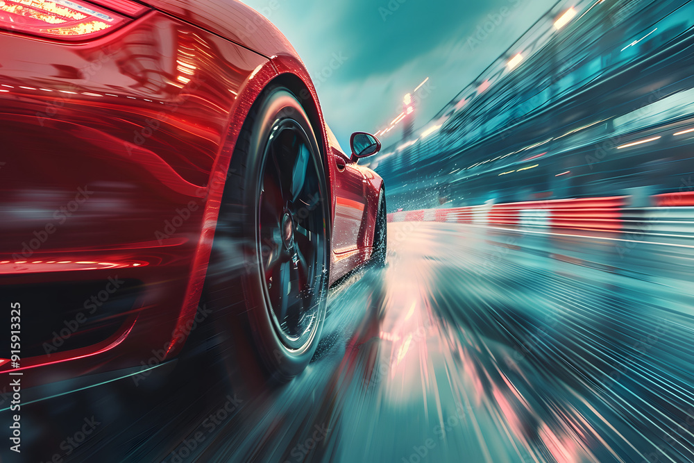 Sport car speeding on a racetrack, captured with rear curtain sync, highlighting its speed, power, and dynamic motion in action Sport car speeding on a racetrack, captured with rear curtain sync, highlighting its speed, power, and dynamic motion in action