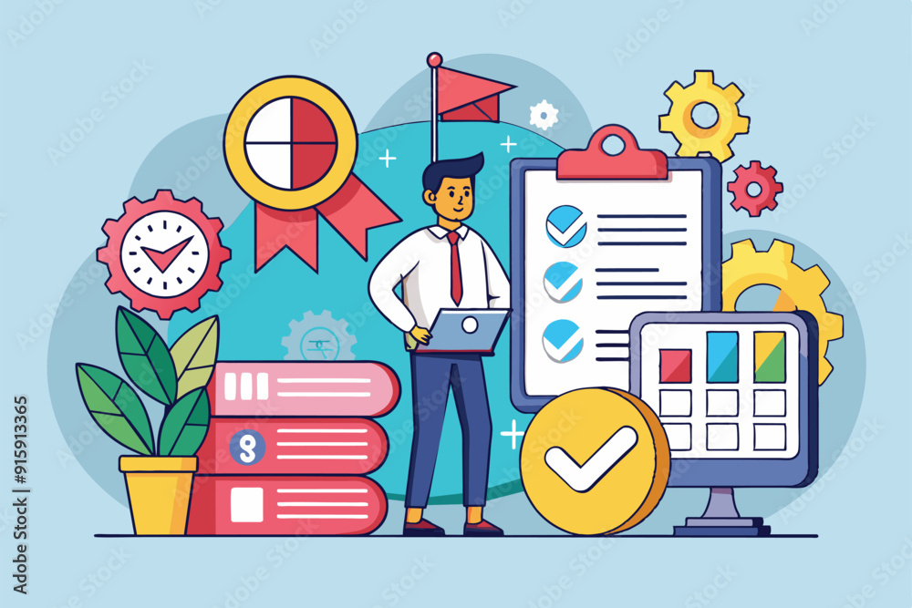 A business professional stands confidently with a laptop, surrounded by charts, gears, and documents, illustrating efficient project management A business professional stands confidently with a laptop, surrounded by charts, gears, and documents, illustrating efficient project management