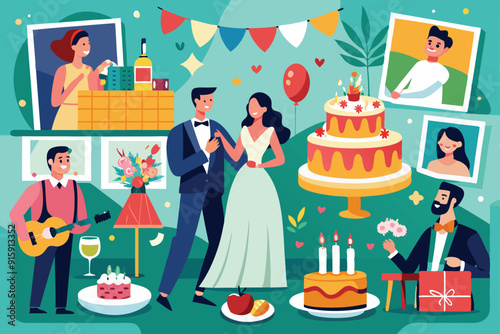 A wedding celebration featuring a couple dancing, a beautifully decorated cake, dinner arrangements, and guests enjoying the festive atmosphere