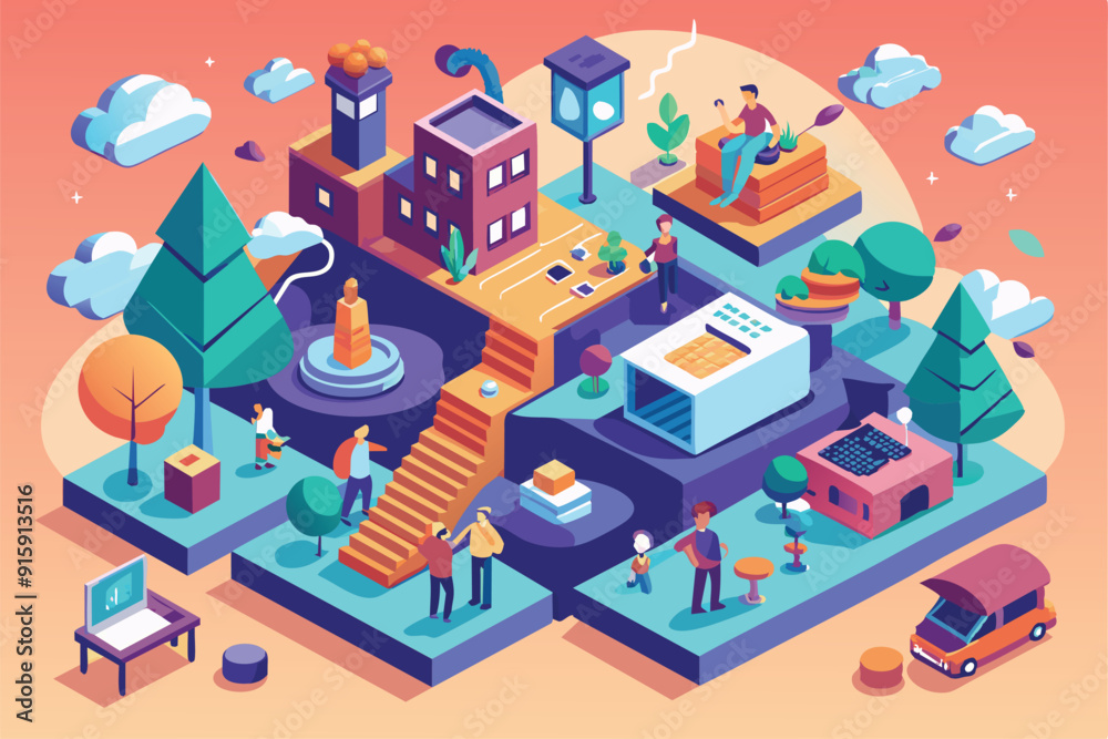 A vibrant urban park filled with diverse people enjoying various activities among trees, buildings, and playful outdoor elements under a sunny sky