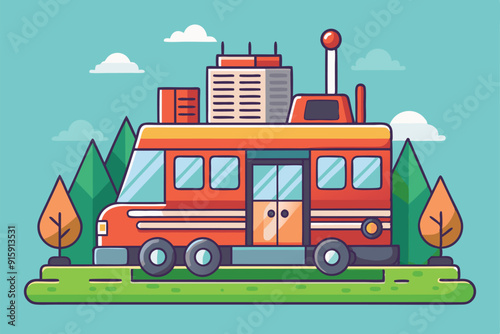 A retro bus is parked on green grass, surrounded by trees under a clear blue sky with fluffy clouds
