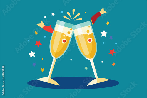 Two champagne glasses clink together with festive confetti and stars, perfect for celebrations, parties, and special occasions