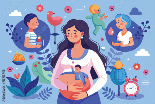 A pregnant woman cradles her belly, surrounded by colorful illustrations depicting various aspects of pregnancy and nurturing activities