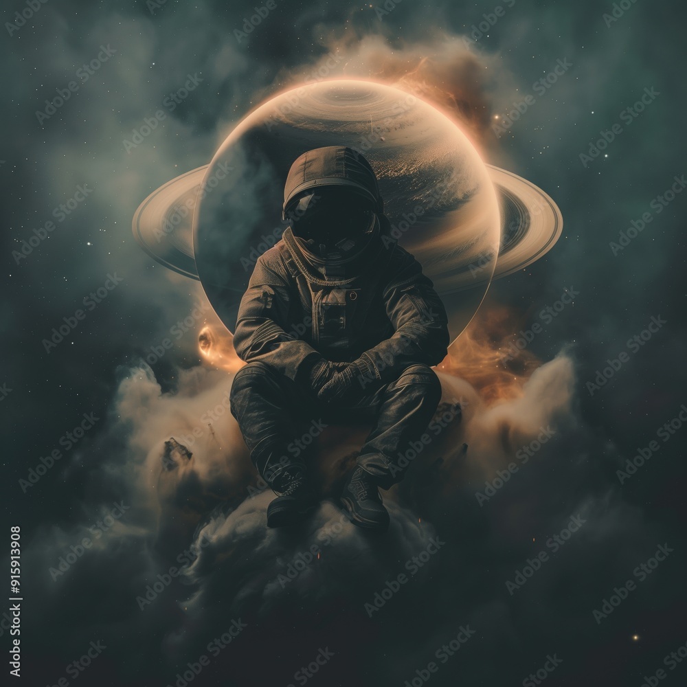 An astronaut sits amidst cosmic clouds with Saturn in the background, evoking space exploration.