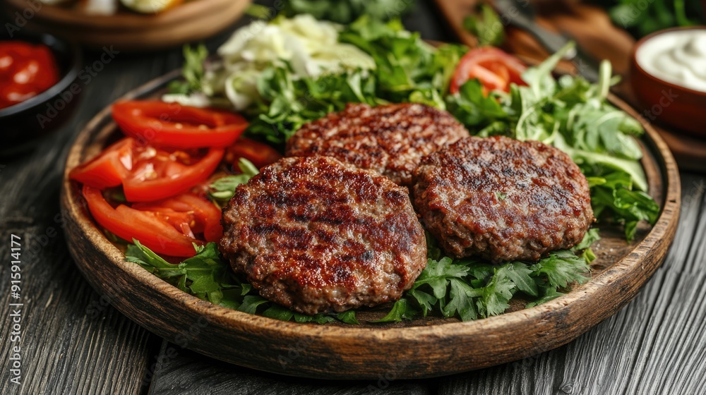 Grilled Beef Patties with Salad and Tomato Slices on a Wooden Plate Grilled Beef Patties with Salad and Tomato Slices on a Wooden Plate