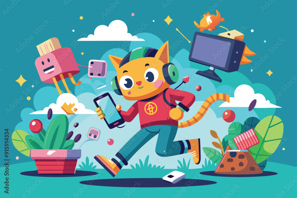 A vibrant cat character joyfully runs while interacting with a smartphone, surrounded by playful digital elements and lively flora