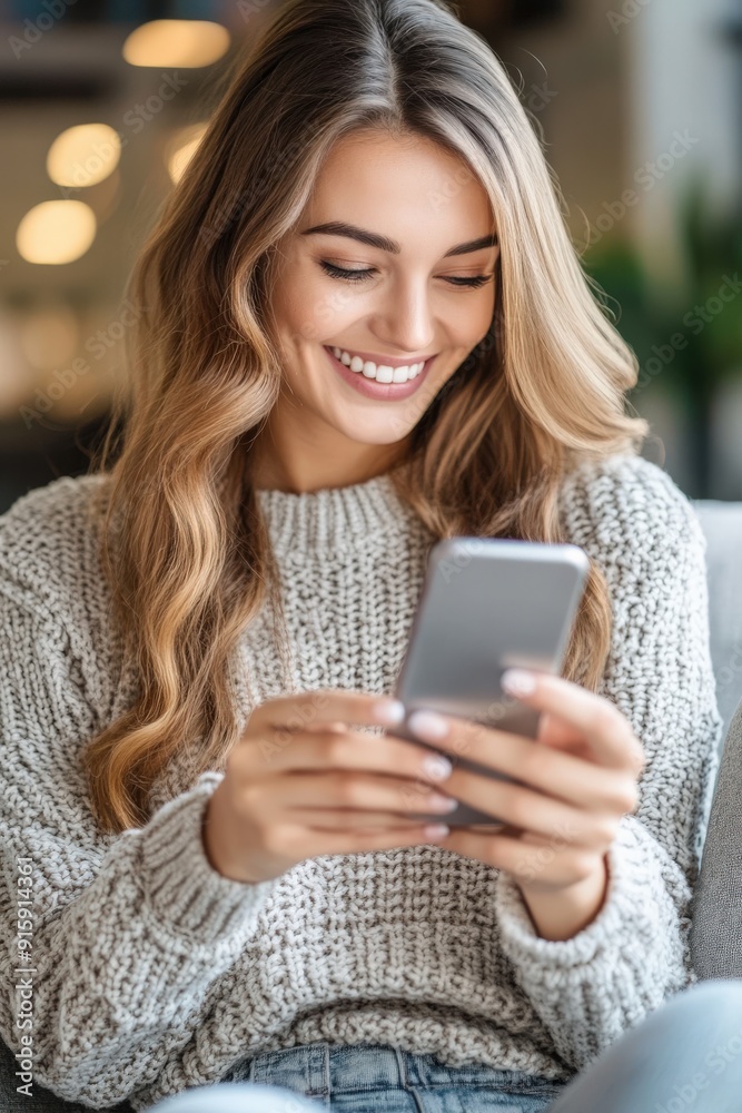 Happy young woman on couch enjoying her phone in a cozy living room