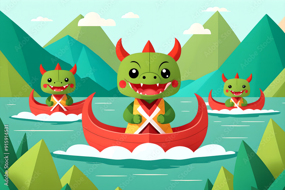 Fototapeta premium Little dragons rowing in red boats