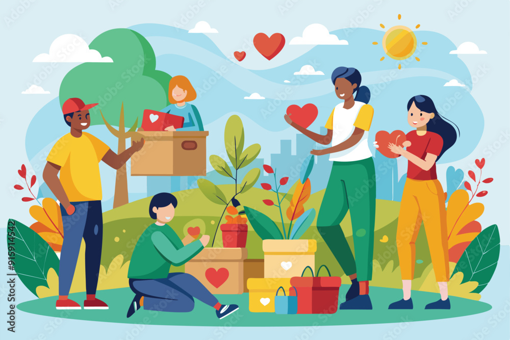 Volunteers collaborate in a vibrant park, packing supplies and sharing love to support their community during a cheerful charity initiative Volunteers collaborate in a vibrant park, packing supplies and sharing love to support their community during a cheerful charity initiative
