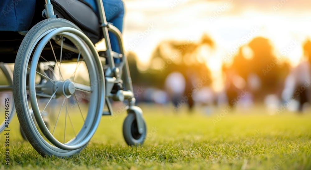 Fototapeta premium Inclusive Community Event at Sunset with Wheelchair Accessibility in a Park Setting