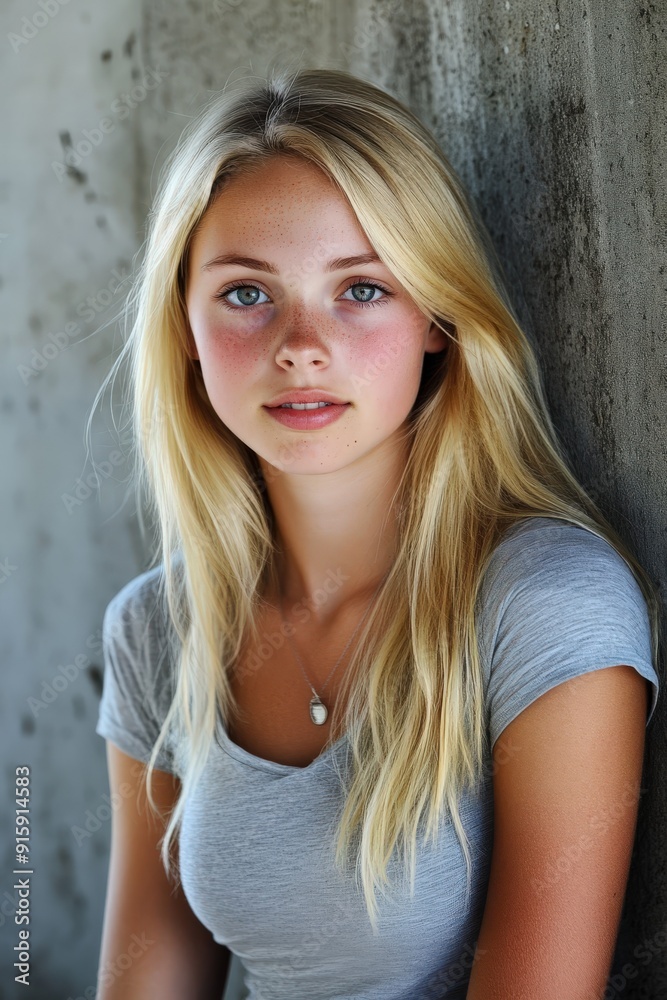 Blonde college student posing in a casual grey shirt indoors Blonde college student posing in a casual grey shirt indoors