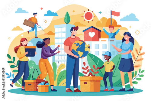Volunteers engage in various activities to support a charitable cause in an urban park, promoting community spirit and environmental responsibility