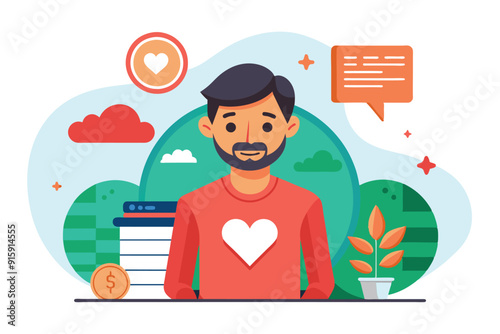 A man in a red shirt with a heart symbol interacts with a stylized backdrop promoting community support, education, and positive contributions