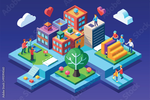 Vibrant illustration showcases people participating in various charity activities across an urban landscape, emphasizing community engagement and collaboration
