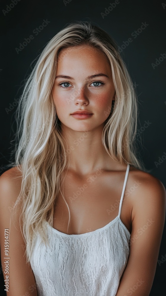 College girl with long blonde hair poses against a dark background College girl with long blonde hair poses against a dark background