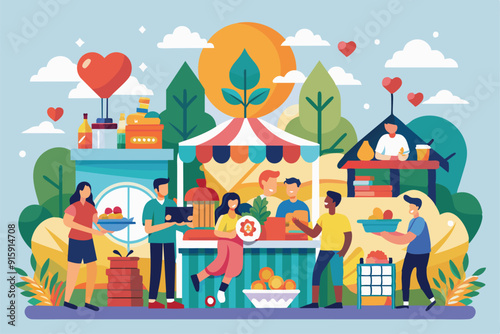 Families gather at a vibrant charity market, enjoying fresh produce, handmade goods, and engaging in fun activities under a sunny sky