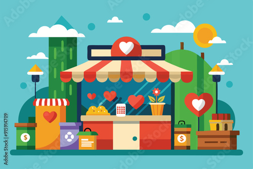 A vibrant charity market showcases colorful stalls, flowers, and eco-friendly bins, encouraging community participation and support for local causes